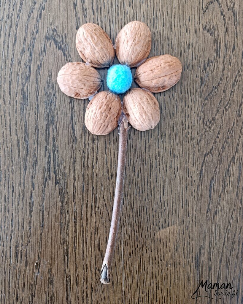 Fabriquer des fleurs avec des coquilles de noix : activité créative, récup', nature et manuelle enfants - Recyclage, surcyclage de coquilles de noix et de bâtons - Land Art - Art Nature - Coeur avec pompons couleurs pastel et feuilles avec fils chenille - Cadeau DIY Fait maison à offrir - Décoration DIY Fait maison - Arts visuels et Bricolage facile - Thème fleurs, nature, printemps, jardin, fête des mères, grands-mères, amour, Saint Valentin - Bricolage et décoration sympa et facile - Arts visuels maternelle et élémentaire - Cycles 1 et 2 - Créativité - tutoriel photos - mslf