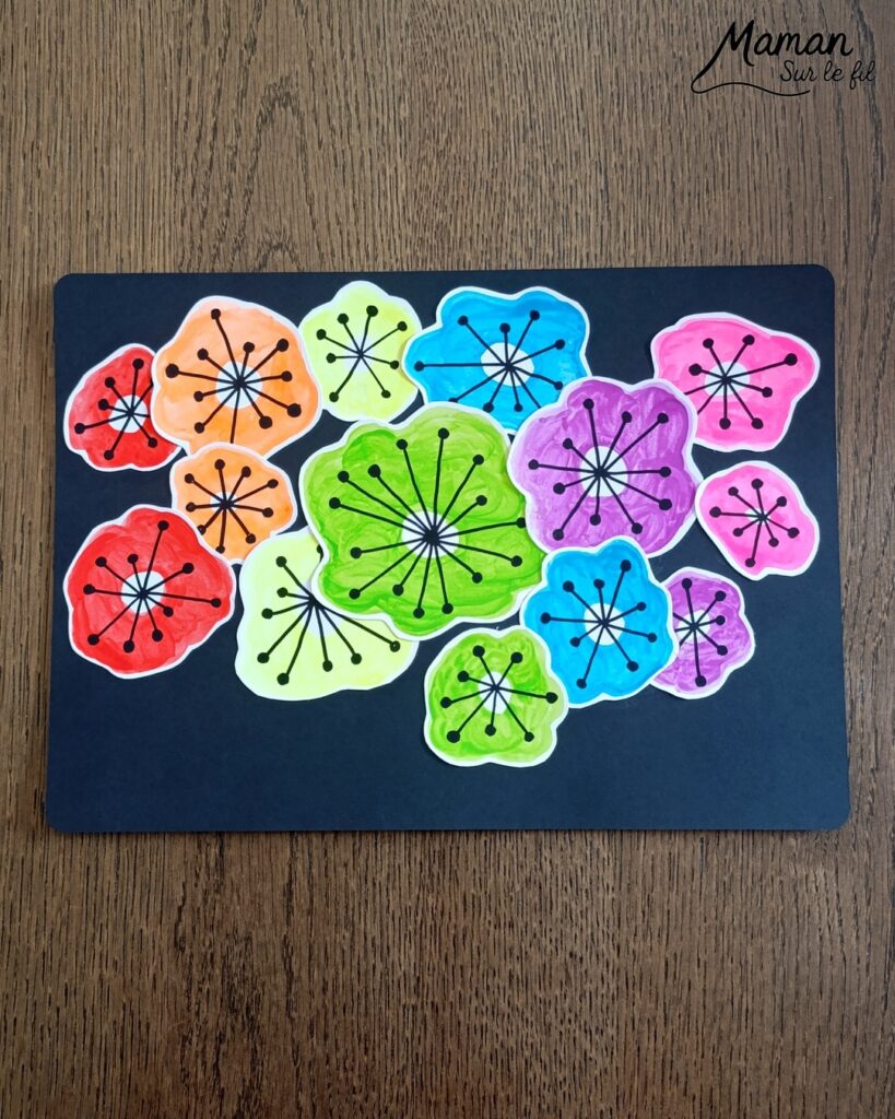 Créer un champ de fleurs Arc-en-ciel avec graphismes noirs : activité créative, peinture, dessins et manuelle enfants - Peindre des tâches aux couleurs de l'arc-en-ciel avec de la peinture type aquarelle pour enfants - Couleurs fluos - Découpage et collage - Dessins et fond noirs pour le contraste - Décoration DIY Fait maison - Arts visuels et Bricolage facile - Thème fleurs, nature, printemps, jardin, météo - Bricolage et décoration sympa et facile - Arts visuels maternelle et élémentaire - Cycles 1 et 2 - Créativité - tutoriel photos - mslf