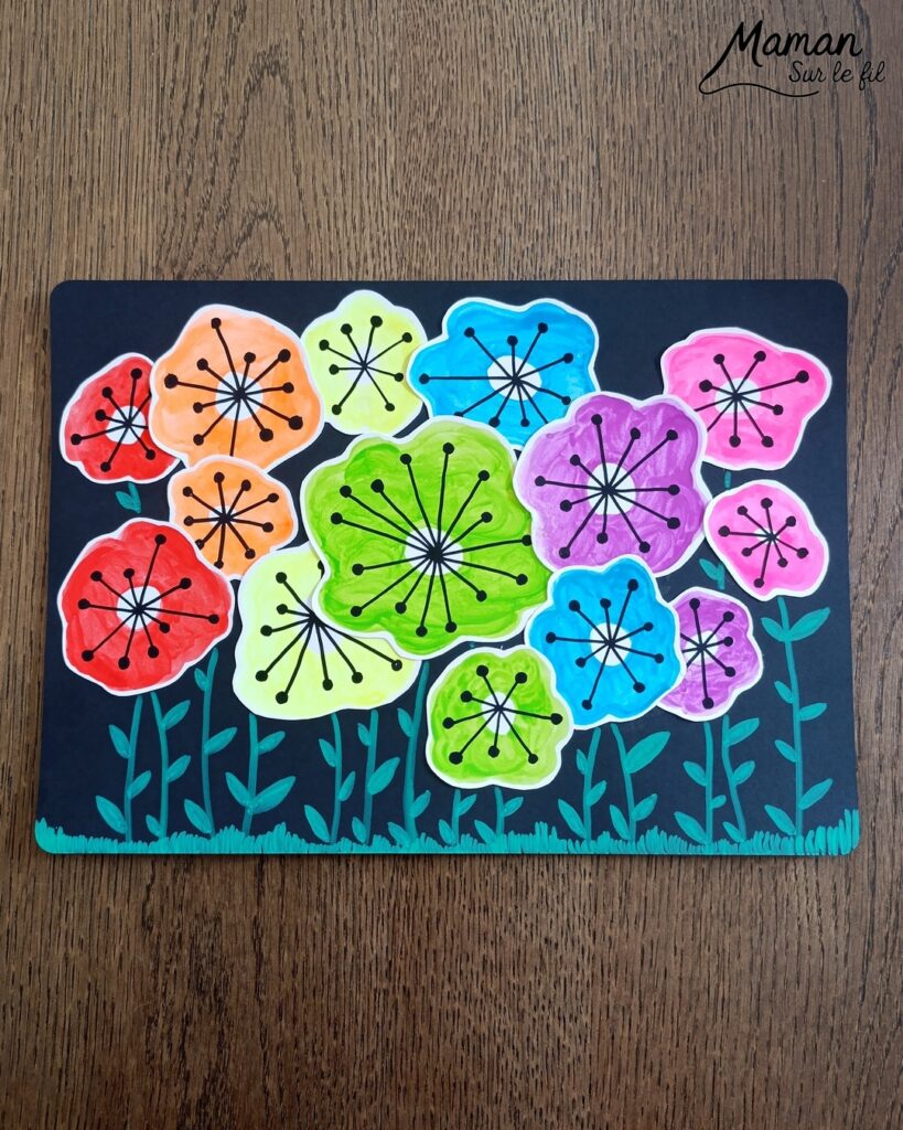 Créer un champ de fleurs Arc-en-ciel avec graphismes noirs : activité créative, peinture, dessins et manuelle enfants - Peindre des tâches aux couleurs de l'arc-en-ciel avec de la peinture type aquarelle pour enfants - Couleurs fluos - Découpage et collage - Dessins et fond noirs pour le contraste - Décoration DIY Fait maison - Arts visuels et Bricolage facile - Thème fleurs, nature, printemps, jardin, météo - Bricolage et décoration sympa et facile - Arts visuels maternelle et élémentaire - Cycles 1 et 2 - Créativité - tutoriel photos - mslf
