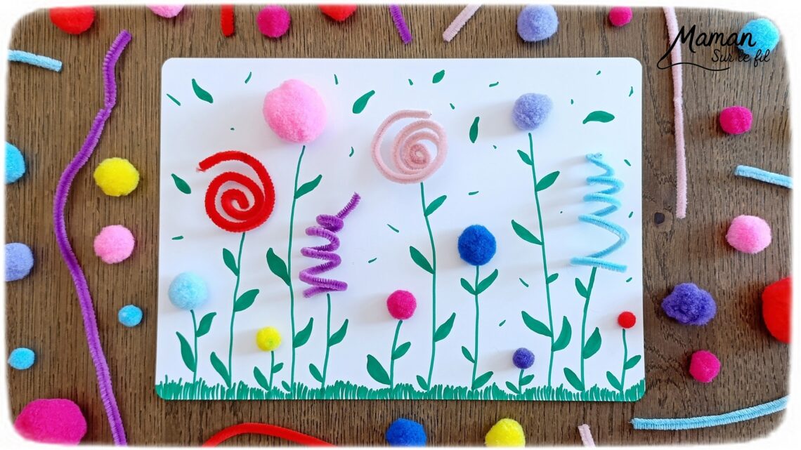 Créer un champ de fleurs avec des pompons et des fils chenille : activité créative, dessin et manuelle enfants - Volume et relief apportés par les pompons et les fils chenille torsadés différemment - Formes et couleurs différentes - Dessins et graphismes verts pour les détails : tiges, herbe, feuilles - Collage 3D - Décoration DIY Fait maison - Arts visuels et Bricolage facile - Thème fleurs, nature, printemps, jardin - Bricolage et décoration sympa et facile - Arts visuels maternelle et élémentaire - Cycles 1 et 2 - Créativité - tutoriel photos - mslf