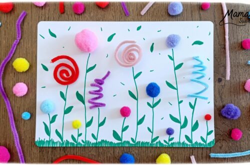 Créer un champ de fleurs avec des pompons et des fils chenille : activité créative, dessin et manuelle enfants - Volume et relief apportés par les pompons et les fils chenille torsadés différemment - Formes et couleurs différentes - Dessins et graphismes verts pour les détails : tiges, herbe, feuilles - Collage 3D - Décoration DIY Fait maison - Arts visuels et Bricolage facile - Thème fleurs, nature, printemps, jardin - Bricolage et décoration sympa et facile - Arts visuels maternelle et élémentaire - Cycles 1 et 2 - Créativité - tutoriel photos - mslf