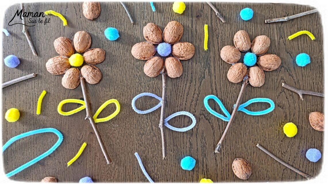 Fabriquer des fleurs avec des coquilles de noix : activité créative, récup', nature et manuelle enfants - Recyclage, surcyclage de coquilles de noix et de bâtons - Land Art - Art Nature - Coeur avec pompons couleurs pastel et feuilles avec fils chenille - Cadeau DIY Fait maison à offrir - Décoration DIY Fait maison - Arts visuels et Bricolage facile - Thème fleurs, nature, printemps, jardin, fête des mères, grands-mères, amour, Saint Valentin - Bricolage et décoration sympa et facile - Arts visuels maternelle et élémentaire - Cycles 1 et 2 - Créativité - tutoriel photos - mslf
