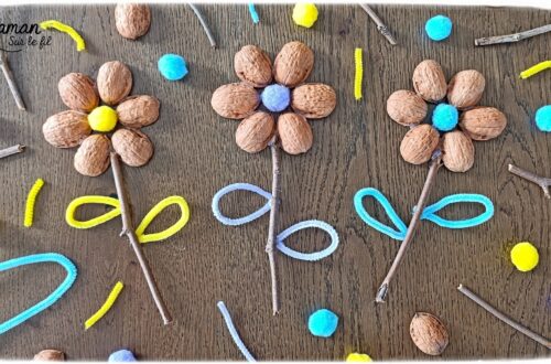 Fabriquer des fleurs avec des coquilles de noix : activité créative, récup', nature et manuelle enfants - Recyclage, surcyclage de coquilles de noix et de bâtons - Land Art - Art Nature - Coeur avec pompons couleurs pastel et feuilles avec fils chenille - Cadeau DIY Fait maison à offrir - Décoration DIY Fait maison - Arts visuels et Bricolage facile - Thème fleurs, nature, printemps, jardin, fête des mères, grands-mères, amour, Saint Valentin - Bricolage et décoration sympa et facile - Arts visuels maternelle et élémentaire - Cycles 1 et 2 - Créativité - tutoriel photos - mslf