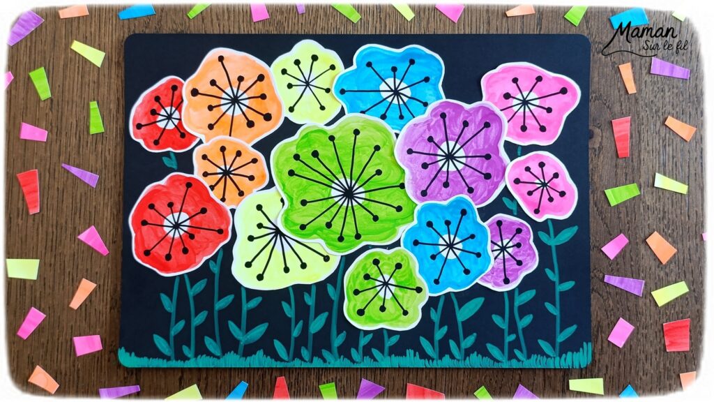 Créer un champ de fleurs Arc-en-ciel avec graphismes noirs : activité créative, peinture, dessins et manuelle enfants - Peindre des tâches aux couleurs de l'arc-en-ciel avec de la peinture type aquarelle pour enfants - Couleurs fluos - Découpage et collage - Dessins et fond noirs pour le contraste - Décoration DIY Fait maison - Arts visuels et Bricolage facile - Thème fleurs, nature, printemps, jardin, météo - Bricolage et décoration sympa et facile - Arts visuels maternelle et élémentaire - Cycles 1 et 2 - Créativité - tutoriel photos - mslf