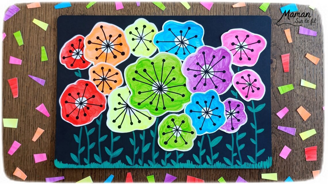 Créer un champ de fleurs Arc-en-ciel avec graphismes noirs : activité créative, peinture, dessins et manuelle enfants - Peindre des tâches aux couleurs de l'arc-en-ciel avec de la peinture type aquarelle pour enfants - Couleurs fluos - Découpage et collage - Dessins et fond noirs pour le contraste - Décoration DIY Fait maison - Arts visuels et Bricolage facile - Thème fleurs, nature, printemps, jardin, météo - Bricolage et décoration sympa et facile - Arts visuels maternelle et élémentaire - Cycles 1 et 2 - Créativité - tutoriel photos - mslf