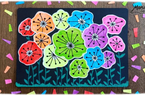Créer un champ de fleurs Arc-en-ciel avec graphismes noirs : activité créative, peinture, dessins et manuelle enfants - Peindre des tâches aux couleurs de l'arc-en-ciel avec de la peinture type aquarelle pour enfants - Couleurs fluos - Découpage et collage - Dessins et fond noirs pour le contraste - Décoration DIY Fait maison - Arts visuels et Bricolage facile - Thème fleurs, nature, printemps, jardin, météo - Bricolage et décoration sympa et facile - Arts visuels maternelle et élémentaire - Cycles 1 et 2 - Créativité - tutoriel photos - mslf