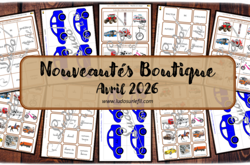 Nouveautés avril 2026 - Boutique en ligne Ludo sur le fil - fichiers jeux pdf à télécharger et imprimer ou jeux imprimés envoyés à domicile - Thèmes Véhicules et moyens de transport terrestres, voitures - loto combinable, jeu association de graphies, lecture, mathématiques, calcul, observation, langage oral, vocabulaire, Montessori - Photos sur fond blanc - Association, mise en paire, mathématiques - jeux, activités - PDF à télécharger et imprimer - PDF Gratuit, Printable à télécharger gratuitement - atelier autocorrectif multi niveaux donc progressif - Vocabulaire, lexique - Maternelle Cycle 2 - Autonomie - modes de déplacement, transports, véhicules terrestres, voitures - mslf