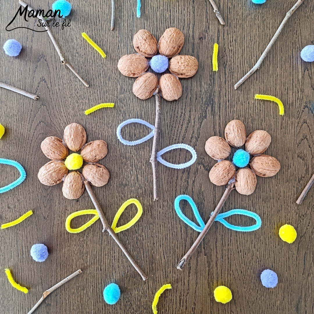 Fabriquer des fleurs avec des coquilles de noix : activité créative, récup', nature et manuelle enfants - Recyclage, surcyclage de coquilles de noix et de bâtons - Land Art - Art Nature - Coeur avec pompons couleurs pastel et feuilles avec fils chenille - Cadeau DIY Fait maison à offrir - Décoration DIY Fait maison - Arts visuels et Bricolage facile - Thème fleurs, nature, printemps, jardin, fête des mères, grands-mères, amour, Saint Valentin - Bricolage et décoration sympa et facile - Arts visuels maternelle et élémentaire - Cycles 1 et 2 - Créativité - tutoriel photos - mslf