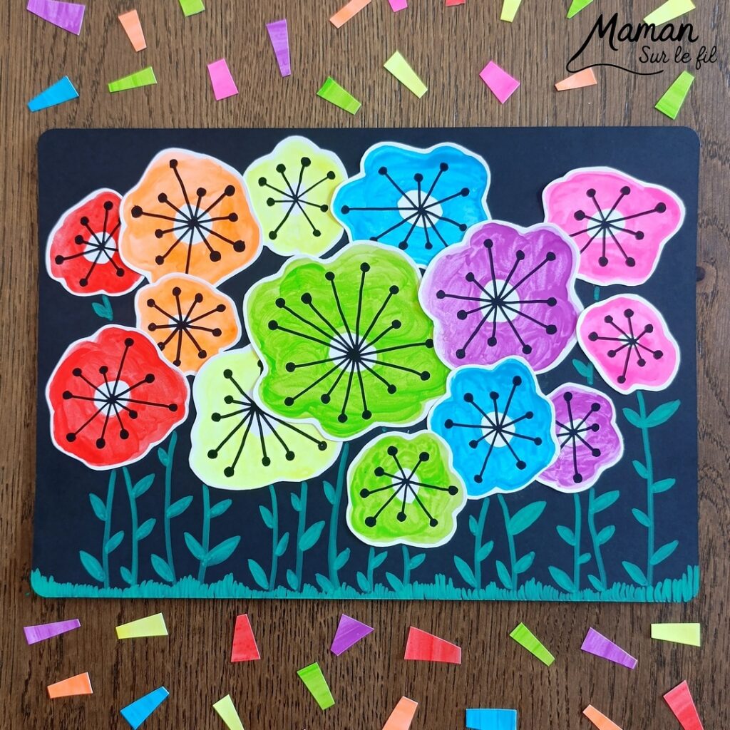 Créer un champ de fleurs Arc-en-ciel avec graphismes noirs : activité créative, peinture, dessins et manuelle enfants - Peindre des tâches aux couleurs de l'arc-en-ciel avec de la peinture type aquarelle pour enfants - Couleurs fluos - Découpage et collage - Dessins et fond noirs pour le contraste - Décoration DIY Fait maison - Arts visuels et Bricolage facile - Thème fleurs, nature, printemps, jardin, météo - Bricolage et décoration sympa et facile - Arts visuels maternelle et élémentaire - Cycles 1 et 2 - Créativité - tutoriel photos - mslf