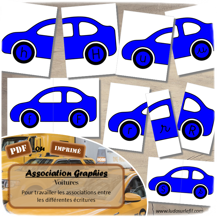 Jeu d'association différentes graphies des lettres - Voitures - pour un thème sur les véhicules terrestres ou les moyens de transport - Ecritures majuscule et minuscule script et minuscule cursif - Ordre alphabétique - Alphabet - Atelier autonome maternelle - IEF - PDF à télécharger et imprimer ou jeu imprimé - version cartes facile à découper - Puzzles Association Avant et arrière de la voiture ou roues - Français - lslf