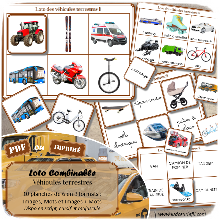 Loto combinable - Véhicules et moyens de transport terrestres - Images, noms et mots pour combiner à volonté et travailler différentes compétences - Photos sur fond blanc - Jeu progressif - Plusieurs niveaux possibles - Lecture et observation - Discrimination visuelle - 4 roues, 2 roues, camions, transports en commun, travaux... - PDF à télécharger et à imprimer ou jeu imprimé - Atelier maternelle ou cycle 2 - lexique vocabulaire - lslf