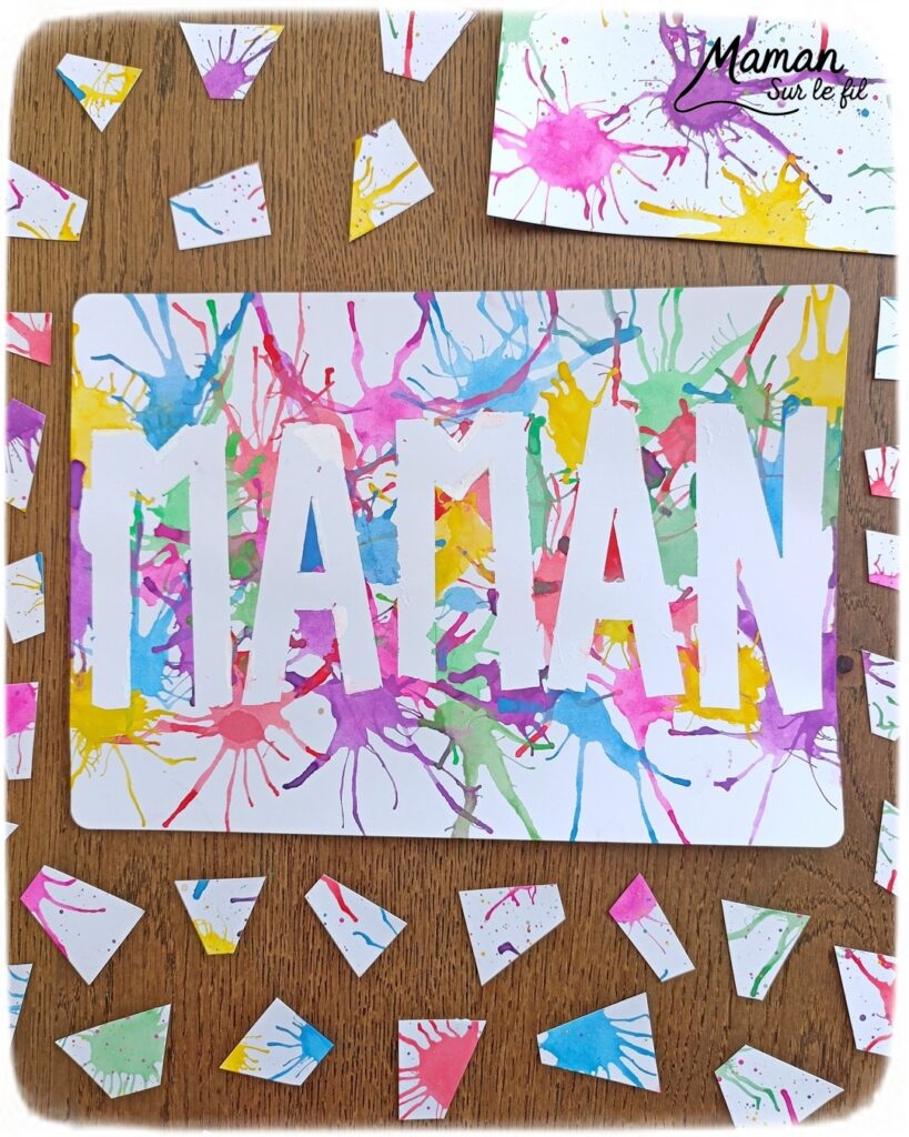 Créer une carte Maman en peinture soufflée à la paille : activité créative, peinture et manuelle enfants - Mot Maman écrit au washi ou masking tape - Tâches de peinture colorées soufflée à la paille pour un effet moderne, pop art, tag - Carte colorée, joyeux pour la fête des mères ou des pères - Cadeau DIY - Décoration DIY Fait maison - Arts visuels et Bricolage facile - Thème amour, amitié, Saint Valentin, fête des grands-mères, mères, grands-pères, pères - Bricolage et décoration sympa et facile - Arts visuels maternelle et élémentaire - Cycles 1 et 2 - Créativité - tutoriel photos - mslf