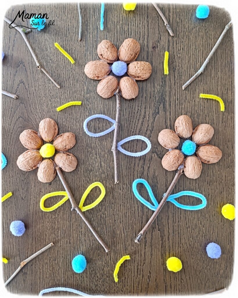 Fabriquer des fleurs avec des coquilles de noix : activité créative, récup', nature et manuelle enfants - Recyclage, surcyclage de coquilles de noix et de bâtons - Land Art - Art Nature - Coeur avec pompons couleurs pastel et feuilles avec fils chenille - Cadeau DIY Fait maison à offrir - Décoration DIY Fait maison - Arts visuels et Bricolage facile - Thème fleurs, nature, printemps, jardin, fête des mères, grands-mères, amour, Saint Valentin - Bricolage et décoration sympa et facile - Arts visuels maternelle et élémentaire - Cycles 1 et 2 - Créativité - tutoriel photos - mslf