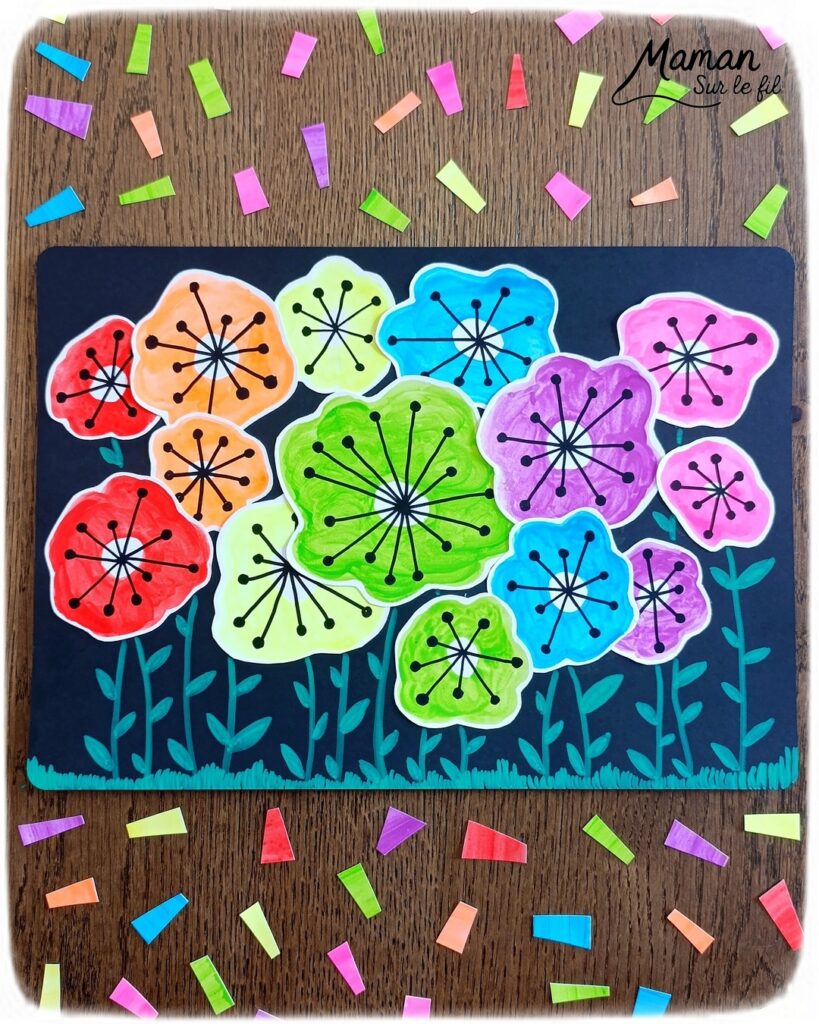 Créer un champ de fleurs Arc-en-ciel avec graphismes noirs : activité créative, peinture, dessins et manuelle enfants - Peindre des tâches aux couleurs de l'arc-en-ciel avec de la peinture type aquarelle pour enfants - Couleurs fluos - Découpage et collage - Dessins et fond noirs pour le contraste - Décoration DIY Fait maison - Arts visuels et Bricolage facile - Thème fleurs, nature, printemps, jardin, météo - Bricolage et décoration sympa et facile - Arts visuels maternelle et élémentaire - Cycles 1 et 2 - Créativité - tutoriel photos - mslf