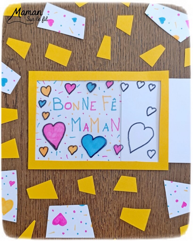 Créer une carte magique pour la fête des mères : activité créative, dessin et manuelle enfants - Carte surprise avec message et couleurs qui apparaissent quand on tire sur une feuille - Cadeau DIY Fait maison à offrir pour la fête des mères, grands-mères, pères, grands-pères - Magie et technique ludique - Carte colorée, joyeuse pour la fête des mères ou des pères - Cadeau DIY - Décoration DIY Fait maison - Arts visuels et Bricolage facile - Thème amour, amitié, Saint Valentin, fête des grands-mères, mères, grands-pères, pères - Bricolage et décoration sympa et facile - Arts visuels maternelle et élémentaire - Cycles 1 et 2 - Créativité - tutoriel photos et vidéo - mslf
