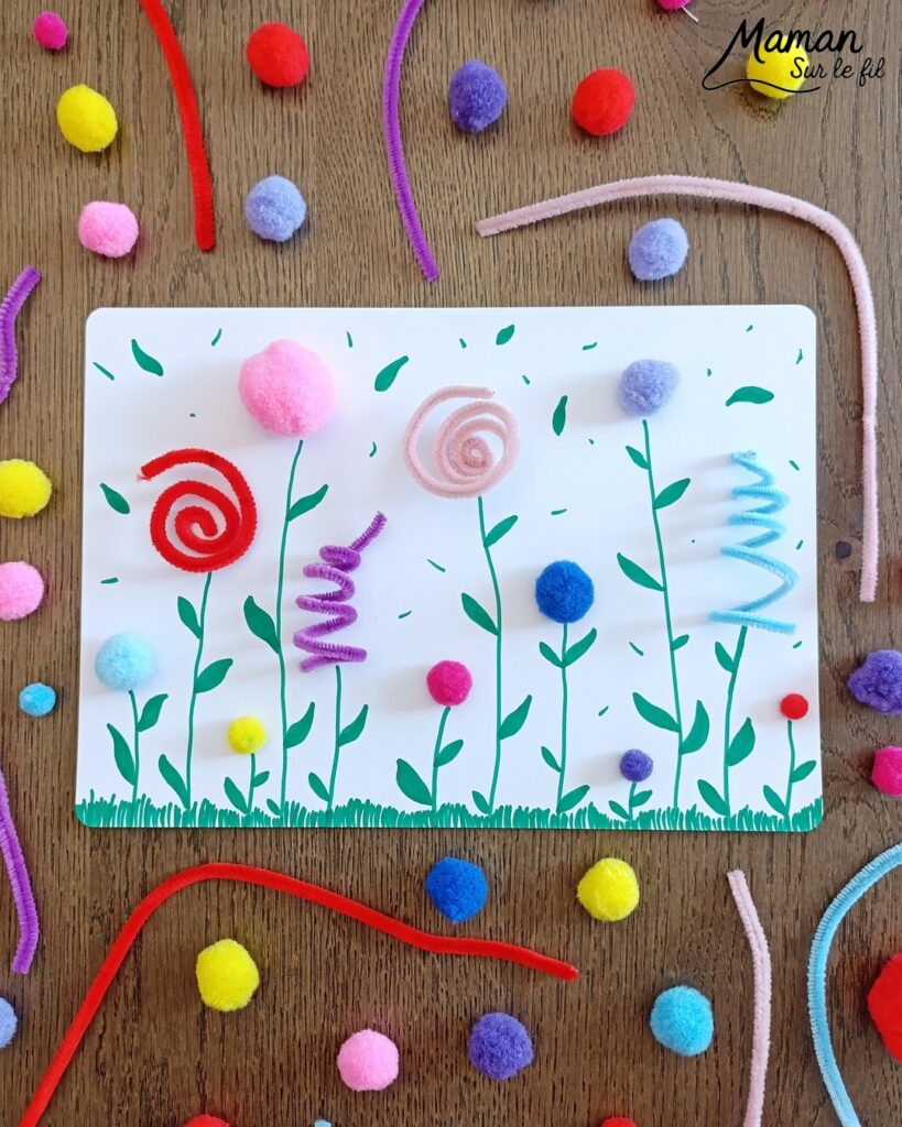 Créer un champ de fleurs avec des pompons et des fils chenille : activité créative, dessin et manuelle enfants - Volume et relief apportés par les pompons et les fils chenille torsadés différemment - Formes et couleurs différentes - Dessins et graphismes verts pour les détails : tiges, herbe, feuilles - Collage 3D - Décoration DIY Fait maison - Arts visuels et Bricolage facile - Thème fleurs, nature, printemps, jardin - Bricolage et décoration sympa et facile - Arts visuels maternelle et élémentaire - Cycles 1 et 2 - Créativité - tutoriel photos - mslf