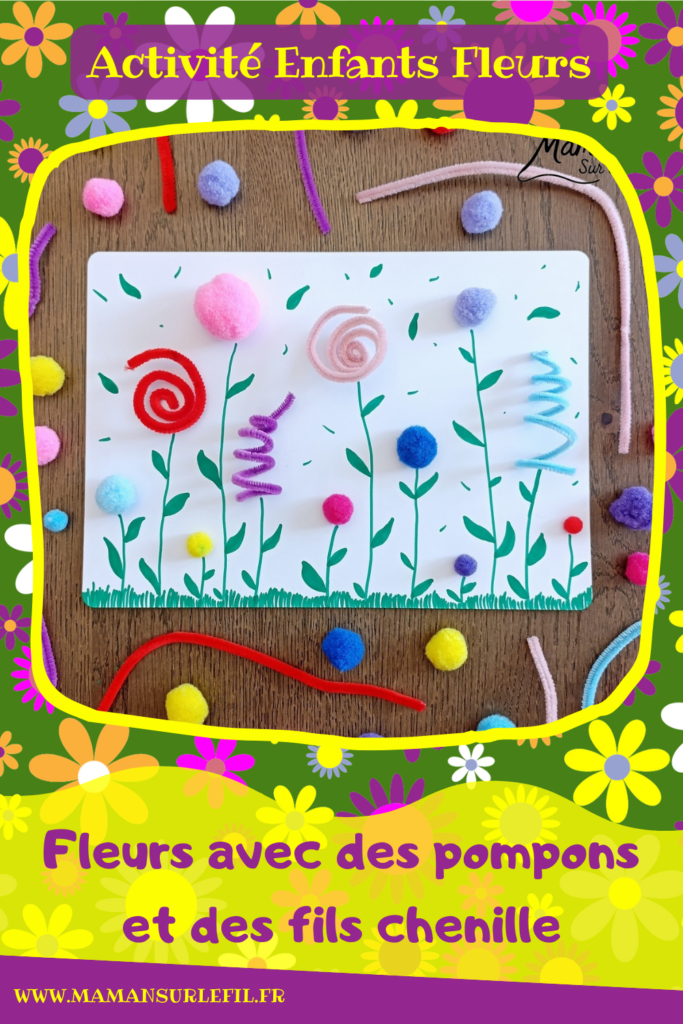 Créer un champ de fleurs avec des pompons et des fils chenille : activité créative, dessin et manuelle enfants - Volume et relief apportés par les pompons et les fils chenille torsadés différemment - Formes et couleurs différentes - Dessins et graphismes verts pour les détails : tiges, herbe, feuilles - Collage 3D - Décoration DIY Fait maison - Arts visuels et Bricolage facile - Thème fleurs, nature, printemps, jardin - Bricolage et décoration sympa et facile - Arts visuels maternelle et élémentaire - Cycles 1 et 2 - Créativité - tutoriel photos - mslf