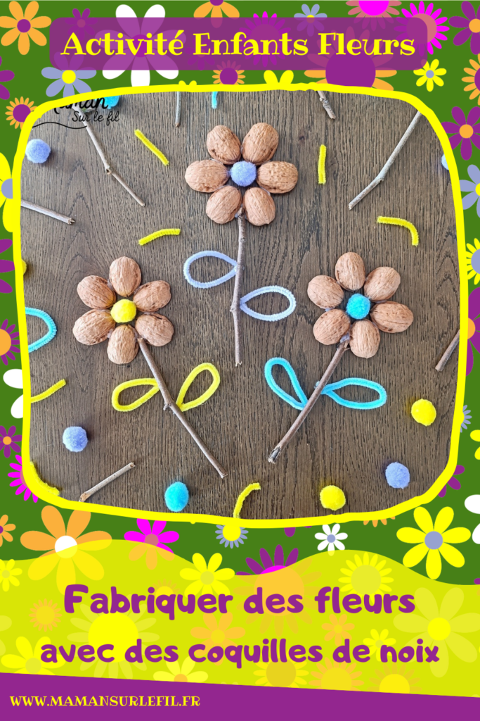 Fabriquer des fleurs avec des coquilles de noix : activité créative, récup', nature et manuelle enfants - Recyclage, surcyclage de coquilles de noix et de bâtons - Land Art - Art Nature - Coeur avec pompons couleurs pastel et feuilles avec fils chenille - Cadeau DIY Fait maison à offrir - Décoration DIY Fait maison - Arts visuels et Bricolage facile - Thème fleurs, nature, printemps, jardin, fête des mères, grands-mères, amour, Saint Valentin - Bricolage et décoration sympa et facile - Arts visuels maternelle et élémentaire - Cycles 1 et 2 - Créativité - tutoriel photos - mslf