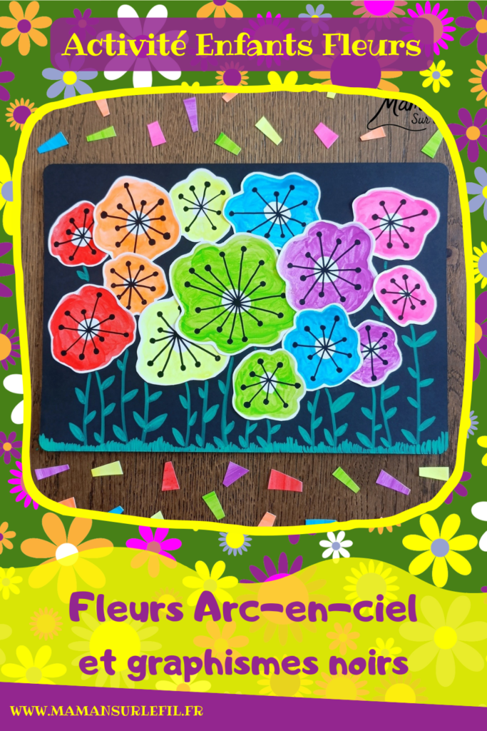 Créer un champ de fleurs Arc-en-ciel avec graphismes noirs : activité créative, peinture, dessins et manuelle enfants - Peindre des tâches aux couleurs de l'arc-en-ciel avec de la peinture type aquarelle pour enfants - Couleurs fluos - Découpage et collage - Dessins et fond noirs pour le contraste - Décoration DIY Fait maison - Arts visuels et Bricolage facile - Thème fleurs, nature, printemps, jardin, météo - Bricolage et décoration sympa et facile - Arts visuels maternelle et élémentaire - Cycles 1 et 2 - Créativité - tutoriel photos - mslf