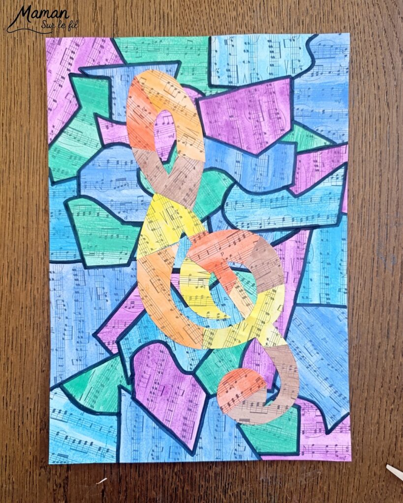 Créer une clé de sol avec des partitions colorées : activité créative, peinture et manuelle enfants - Peindre des partitions avec de la peinture type aquarelle - Travail autour des couleurs froides et chaudes - Découpage et collage - Dessins et contours en noir - Décoration DIY Fait maison - Arts visuels et Bricolage facile - Thème fête de la musique, instruments de musique, été - Bricolage et décoration sympa et facile - Arts visuels maternelle et élémentaire - Cycles 1 et 2 - Créativité - tutoriel photos - mslf