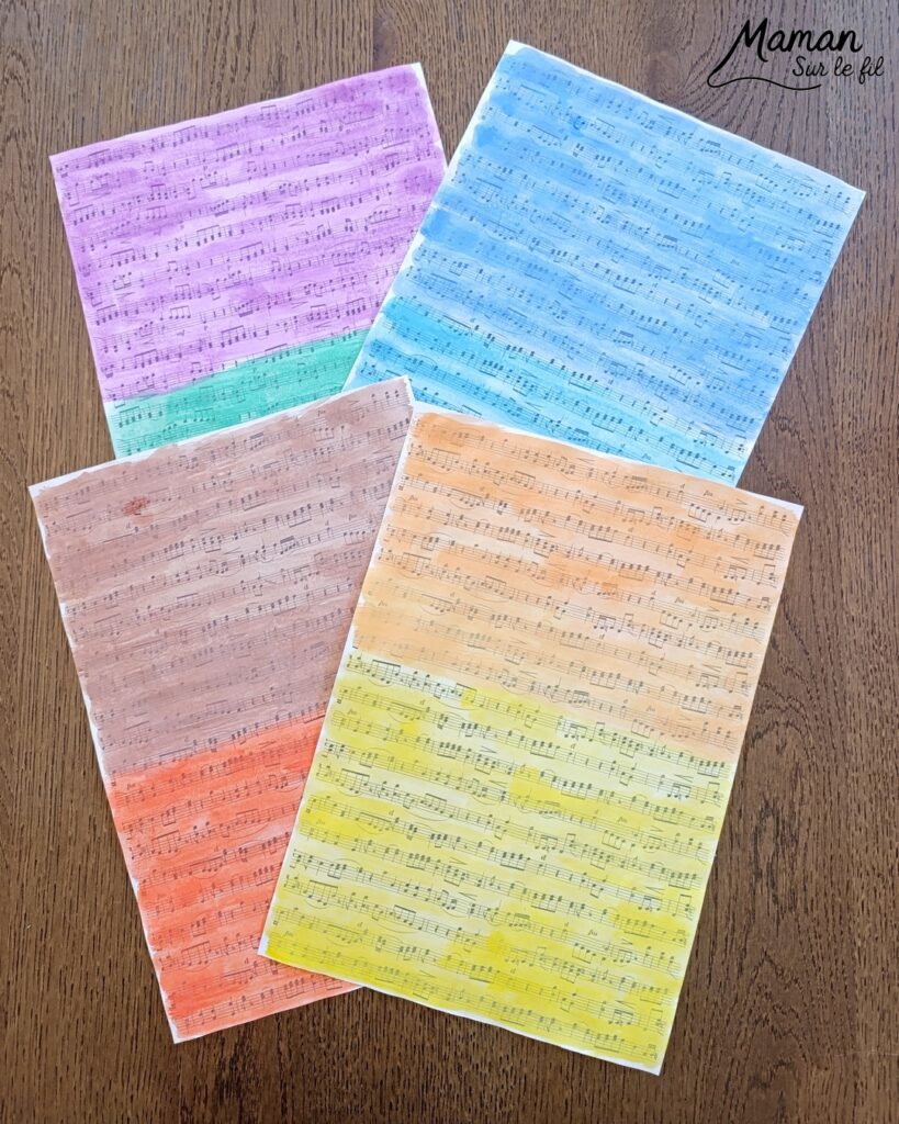 Créer une clé de sol avec des partitions colorées : activité créative, peinture et manuelle enfants - Peindre des partitions avec de la peinture type aquarelle - Travail autour des couleurs froides et chaudes - Découpage et collage - Dessins et contours en noir - Décoration DIY Fait maison - Arts visuels et Bricolage facile - Thème fête de la musique, instruments de musique, été - Bricolage et décoration sympa et facile - Arts visuels maternelle et élémentaire - Cycles 1 et 2 - Créativité - tutoriel photos - mslf