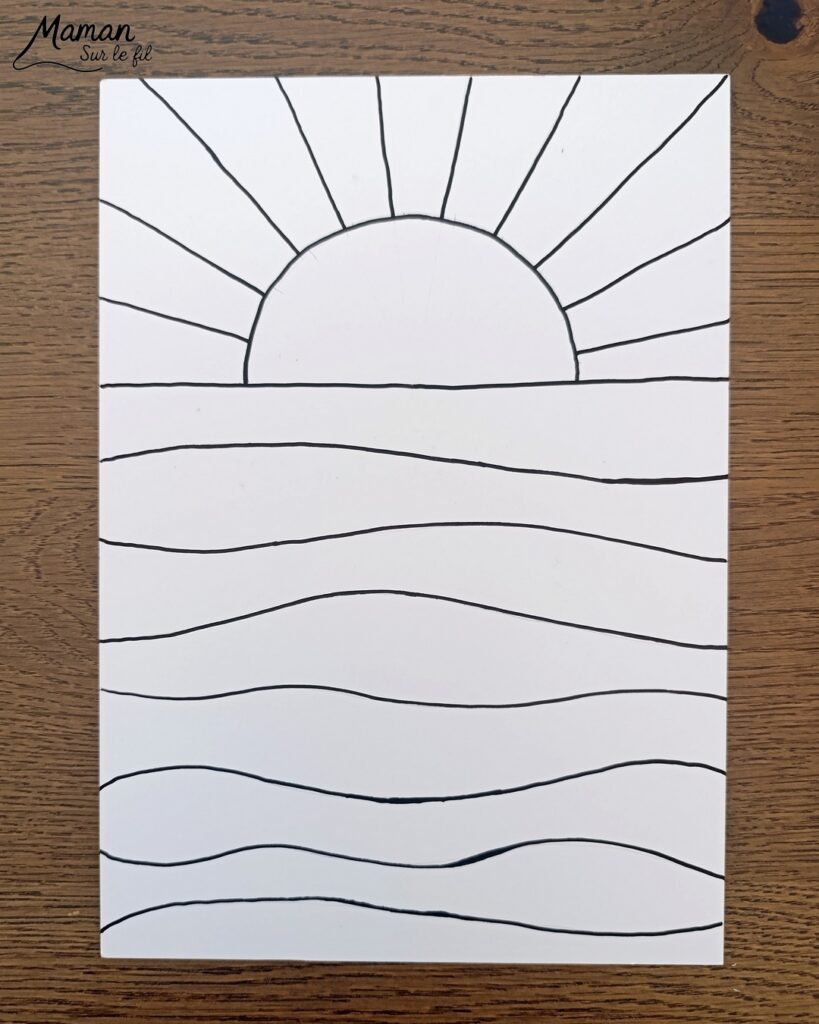 Dessiner un coucher de soleil tout en graphismes : activité créative, dessin et manuelle enfants - Zen art, art thérapie, graphismes, coloriage pour se détendre, se relaxer - Activité détente, gestion du stress - Décoration DIY Fait maison - Arts visuels et Bricolage facile - Thème vacances, plage, été, météo - Bricolage et décoration sympa et facile - Arts visuels maternelle et élémentaire, adultes - Cycles 1, 2, 3 et 4 - Créativité - tutoriel photos - mslf