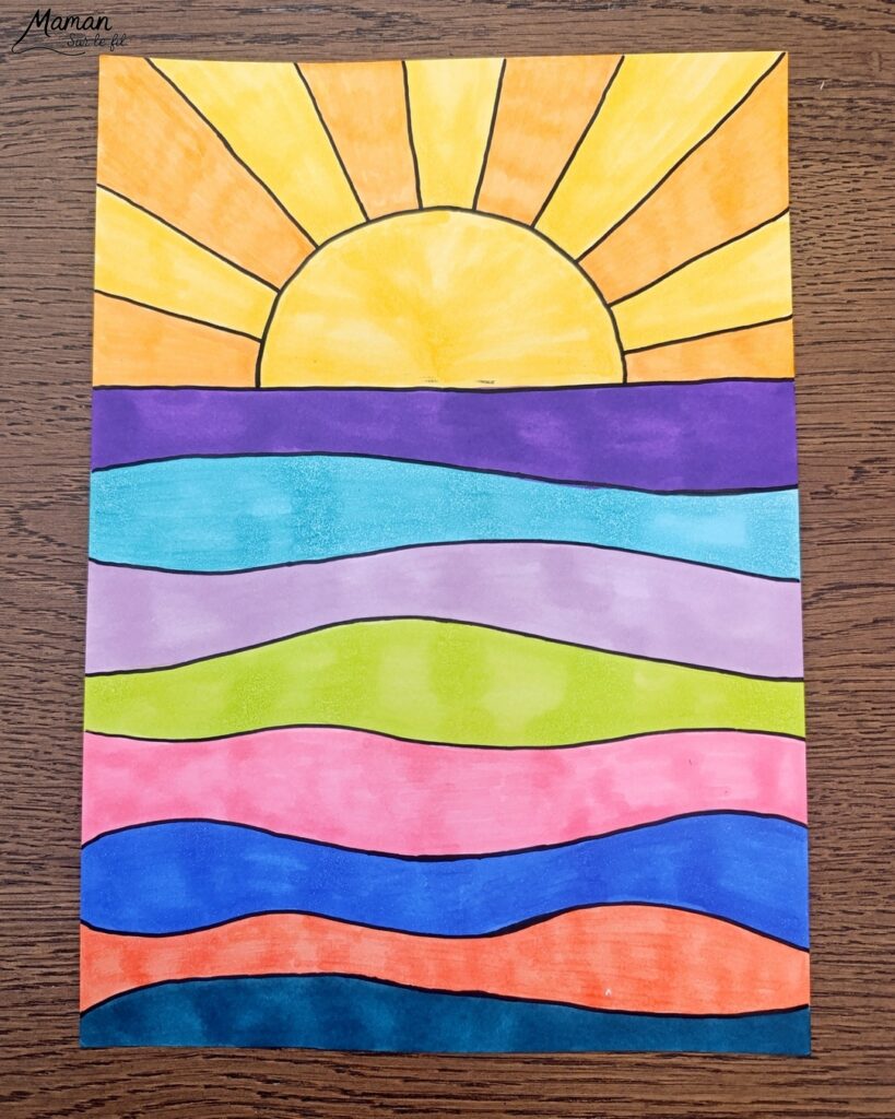 Dessiner un coucher de soleil tout en graphismes : activité créative, dessin et manuelle enfants - Zen art, art thérapie, graphismes, coloriage pour se détendre, se relaxer - Activité détente, gestion du stress - Décoration DIY Fait maison - Arts visuels et Bricolage facile - Thème vacances, plage, été, météo - Bricolage et décoration sympa et facile - Arts visuels maternelle et élémentaire, adultes - Cycles 1, 2, 3 et 4 - Créativité - tutoriel photos - mslf