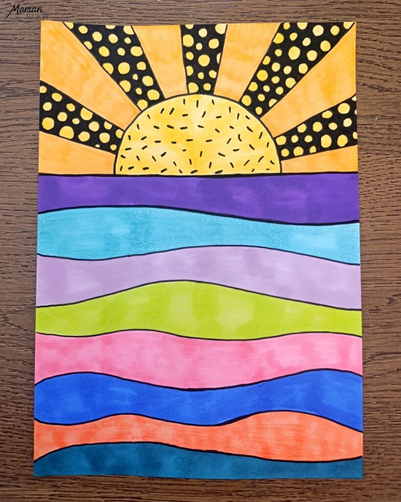 Dessiner un coucher de soleil tout en graphismes : activité créative, dessin et manuelle enfants - Zen art, art thérapie, graphismes, coloriage pour se détendre, se relaxer - Activité détente, gestion du stress - Décoration DIY Fait maison - Arts visuels et Bricolage facile - Thème vacances, plage, été, météo - Bricolage et décoration sympa et facile - Arts visuels maternelle et élémentaire, adultes - Cycles 1, 2, 3 et 4 - Créativité - tutoriel photos - mslf