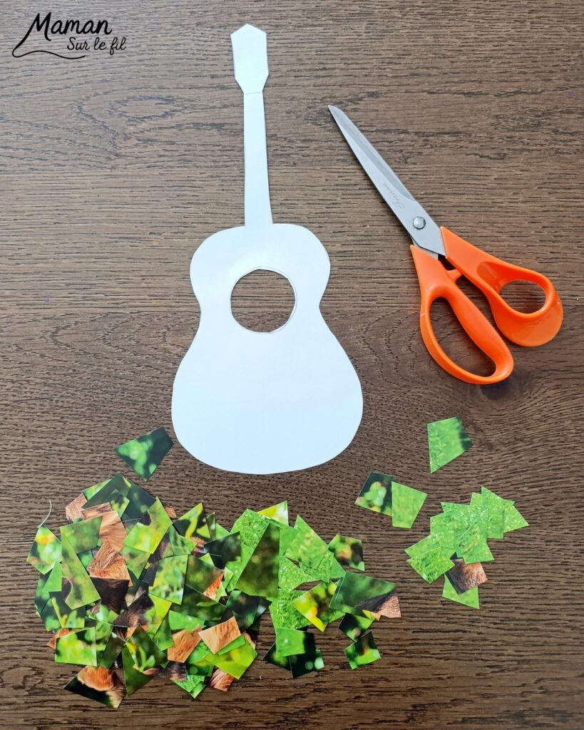 Créer des guitares en mosaïque de vieux calendriers : activité créative, récup' et manuelle enfants - Recyclage, surcyclage d'anciens calendriers, magazines ou prospectus publicitaires... - Découpage, collage pour effet mosaïque - Photos de chiens - Décoration DIY Fait maison - Arts visuels et Bricolage facile - Thème fête de la musique, instruments de musique, été - Bricolage et décoration sympa et facile - Arts visuels maternelle et élémentaire - Cycles 1 et 2 - Créativité - tutoriel photos - mslf