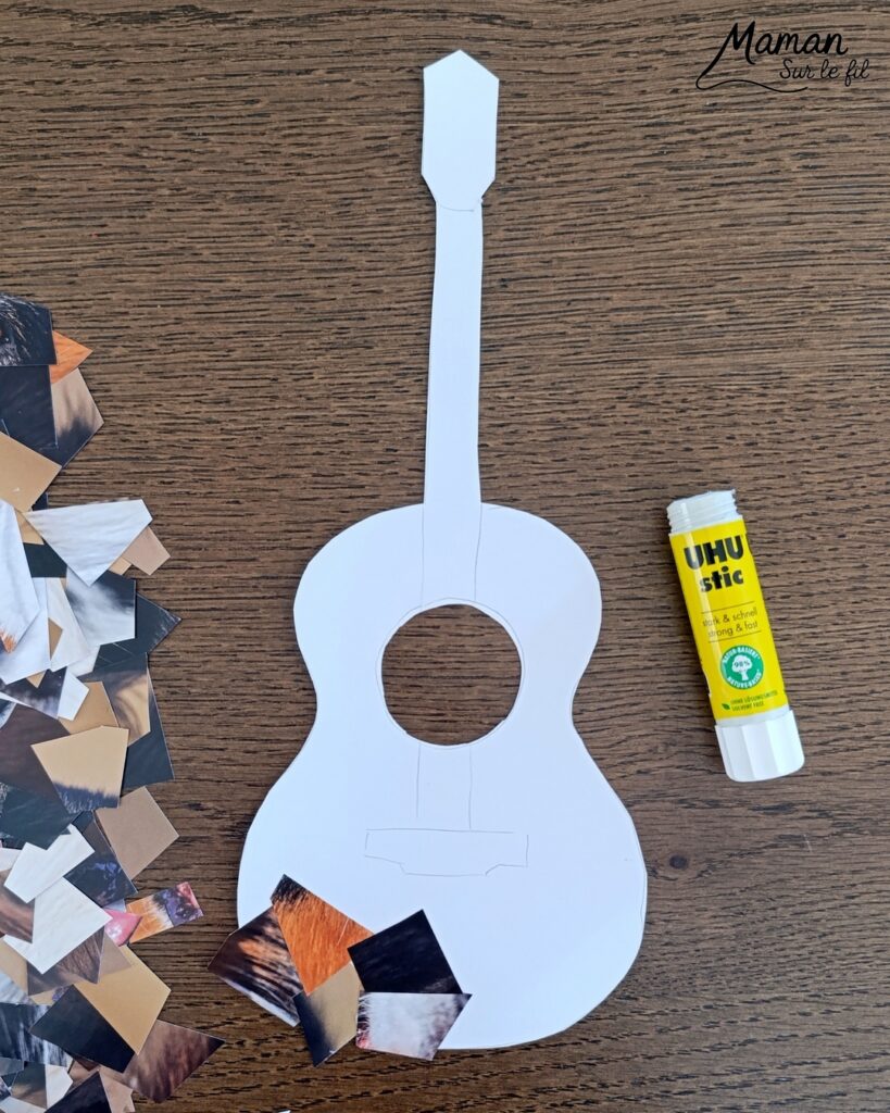 Créer des guitares en mosaïque de vieux calendriers : activité créative, récup' et manuelle enfants - Recyclage, surcyclage d'anciens calendriers, magazines ou prospectus publicitaires... - Découpage, collage pour effet mosaïque - Photos de chiens - Décoration DIY Fait maison - Arts visuels et Bricolage facile - Thème fête de la musique, instruments de musique, été - Bricolage et décoration sympa et facile - Arts visuels maternelle et élémentaire - Cycles 1 et 2 - Créativité - tutoriel photos - mslf