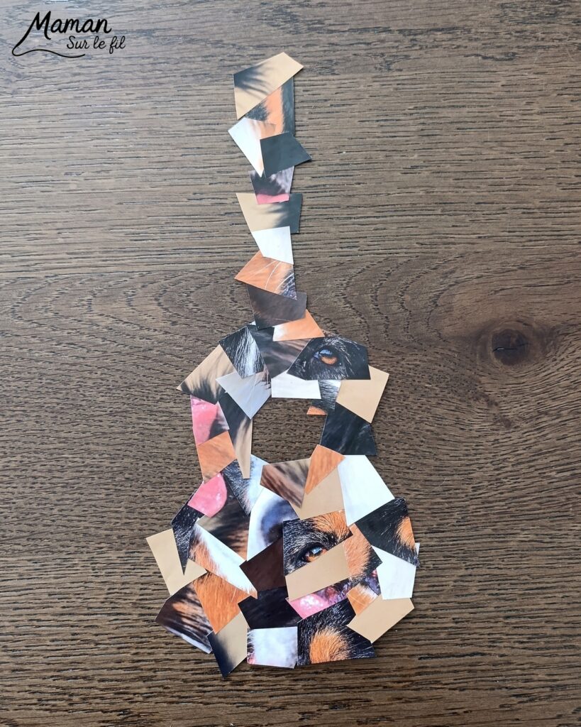 Créer des guitares en mosaïque de vieux calendriers : activité créative, récup' et manuelle enfants - Recyclage, surcyclage d'anciens calendriers, magazines ou prospectus publicitaires... - Découpage, collage pour effet mosaïque - Photos de chiens - Décoration DIY Fait maison - Arts visuels et Bricolage facile - Thème fête de la musique, instruments de musique, été - Bricolage et décoration sympa et facile - Arts visuels maternelle et élémentaire - Cycles 1 et 2 - Créativité - tutoriel photos - mslf