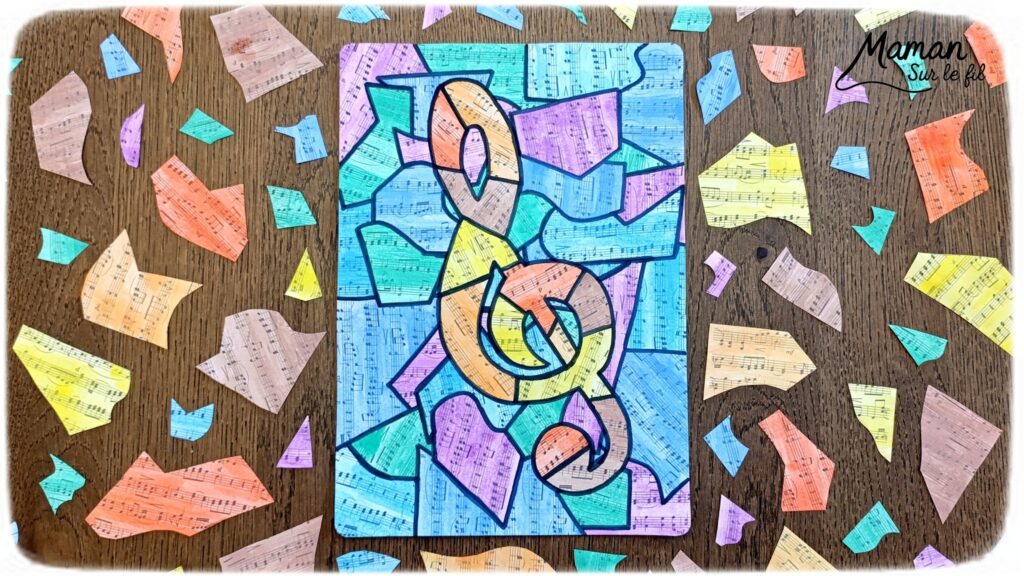 Créer une clé de sol avec des partitions colorées : activité créative, peinture et manuelle enfants - Peindre des partitions avec de la peinture type aquarelle - Travail autour des couleurs froides et chaudes - Découpage et collage - Dessins et contours en noir - Décoration DIY Fait maison - Arts visuels et Bricolage facile - Thème fête de la musique, instruments de musique, été - Bricolage et décoration sympa et facile - Arts visuels maternelle et élémentaire - Cycles 1 et 2 - Créativité - tutoriel photos - mslf