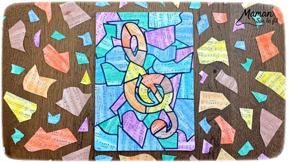 Créer une clé de sol avec des partitions colorées : activité créative, peinture et manuelle enfants - Peindre des partitions avec de la peinture type aquarelle - Travail autour des couleurs froides et chaudes - Découpage et collage - Dessins et contours en noir - Décoration DIY Fait maison - Arts visuels et Bricolage facile - Thème fête de la musique, instruments de musique, été - Bricolage et décoration sympa et facile - Arts visuels maternelle et élémentaire - Cycles 1 et 2 - Créativité - tutoriel photos - mslf