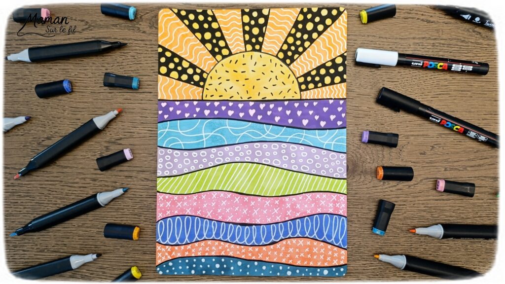 Dessiner un coucher de soleil tout en graphismes : activité créative, dessin et manuelle enfants - Zen art, art thérapie, graphismes, coloriage pour se détendre, se relaxer - Activité détente, gestion du stress - Décoration DIY Fait maison - Arts visuels et Bricolage facile - Thème vacances, plage, été, météo - Bricolage et décoration sympa et facile - Arts visuels maternelle et élémentaire, adultes - Cycles 1, 2, 3 et 4 - Créativité - tutoriel photos - mslf