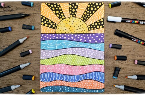 Dessiner un coucher de soleil tout en graphismes : activité créative, dessin et manuelle enfants - Zen art, art thérapie, graphismes, coloriage pour se détendre, se relaxer - Activité détente, gestion du stress - Décoration DIY Fait maison - Arts visuels et Bricolage facile - Thème vacances, plage, été, météo - Bricolage et décoration sympa et facile - Arts visuels maternelle et élémentaire, adultes - Cycles 1, 2, 3 et 4 - Créativité - tutoriel photos - mslf