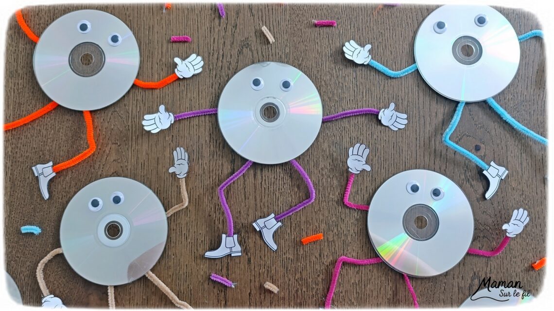 Fabriquer des bonhommes rigolos avec des vieux CD : activité créative, récup' et manuelle enfants - Recyclage, surcyclage d'anciens compact disc (CD) abîmés - Yeux mobiles, fils chenille colorés pour les bras et les jambes - Chaussures et mains imprimées et découpées -Drôles de visages et de positions - Décoration DIY Fait maison - Arts visuels et Bricolage facile - Thème fête de la musique, instruments de musique, été - Bricolage et décoration sympa et facile - Arts visuels maternelle et élémentaire - Cycles 1 et 2 - Créativité - tutoriel photos et vidéo - mslf