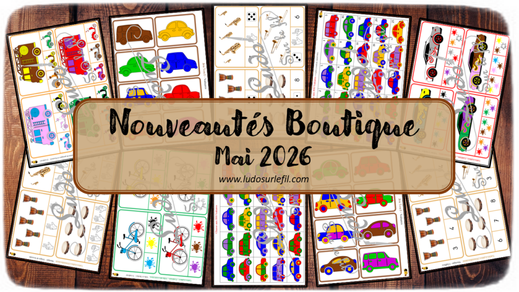 Nouveautés mai 2026 - Boutique en ligne Ludo sur le fil - fichiers jeux pdf à télécharger et imprimer ou jeux imprimés envoyés à domicile - Thèmes Véhicules et moyens de transport terrestres, voitures, instruments de musique - cartes à pince, couleurs, dénombrement, chasse aux 100, jeu 3 en 1, memory, mistigri, mathématiques, calcul, observation, discrimination visuelle, mémoire, langage oral, vocabulaire, Montessori - Photos sur fond blanc - Association, mise en paire, mathématiques - jeux, activités - PDF à télécharger et imprimer - PDF Gratuit, Printable à télécharger gratuitement - atelier autocorrectif multi niveaux donc progressif - Vocabulaire, lexique - Maternelle Cycle 2 - Autonomie - modes de déplacement, transports, véhicules terrestres, voitures, fête de la musique, été - mslf