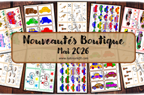 Nouveautés mai 2026 - Boutique en ligne Ludo sur le fil - fichiers jeux pdf à télécharger et imprimer ou jeux imprimés envoyés à domicile - Thèmes Véhicules et moyens de transport terrestres, voitures, instruments de musique - cartes à pince, couleurs, dénombrement, chasse aux 100, jeu 3 en 1, memory, mistigri, mathématiques, calcul, observation, discrimination visuelle, mémoire, langage oral, vocabulaire, Montessori - Photos sur fond blanc - Association, mise en paire, mathématiques - jeux, activités - PDF à télécharger et imprimer - PDF Gratuit, Printable à télécharger gratuitement - atelier autocorrectif multi niveaux donc progressif - Vocabulaire, lexique - Maternelle Cycle 2 - Autonomie - modes de déplacement, transports, véhicules terrestres, voitures, fête de la musique, été - mslf
