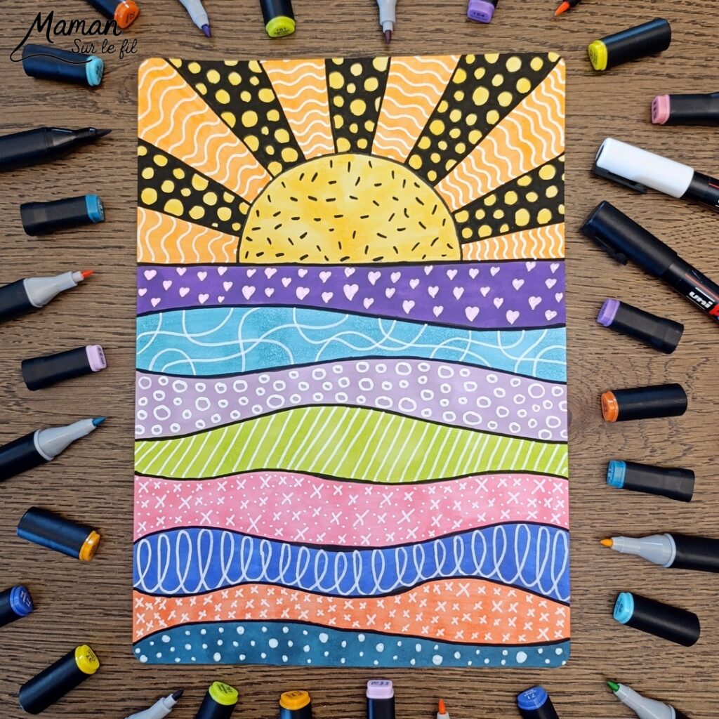 Dessiner un coucher de soleil tout en graphismes : activité créative, dessin et manuelle enfants - Zen art, art thérapie, graphismes, coloriage pour se détendre, se relaxer - Activité détente, gestion du stress - Décoration DIY Fait maison - Arts visuels et Bricolage facile - Thème vacances, plage, été, météo - Bricolage et décoration sympa et facile - Arts visuels maternelle et élémentaire, adultes - Cycles 1, 2, 3 et 4 - Créativité - tutoriel photos - mslf