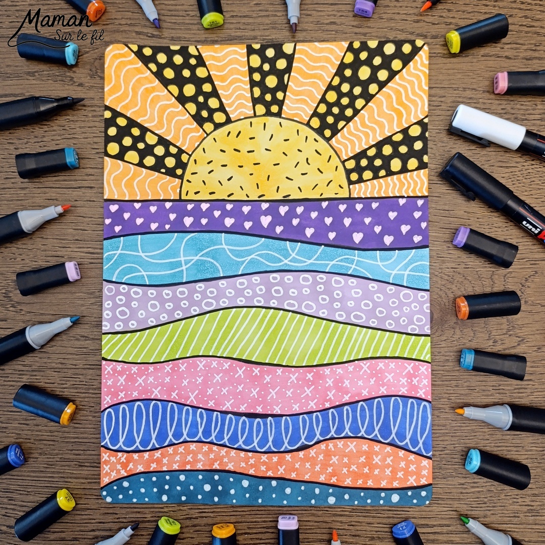 Dessiner un coucher de soleil tout en graphismes : activité créative, dessin et manuelle enfants - Zen art, art thérapie, graphismes, coloriage pour se détendre, se relaxer - Activité détente, gestion du stress - Décoration DIY Fait maison - Arts visuels et Bricolage facile - Thème vacances, plage, été, météo - Bricolage et décoration sympa et facile - Arts visuels maternelle et élémentaire, adultes - Cycles 1, 2, 3 et 4 - Créativité - tutoriel photos - mslf