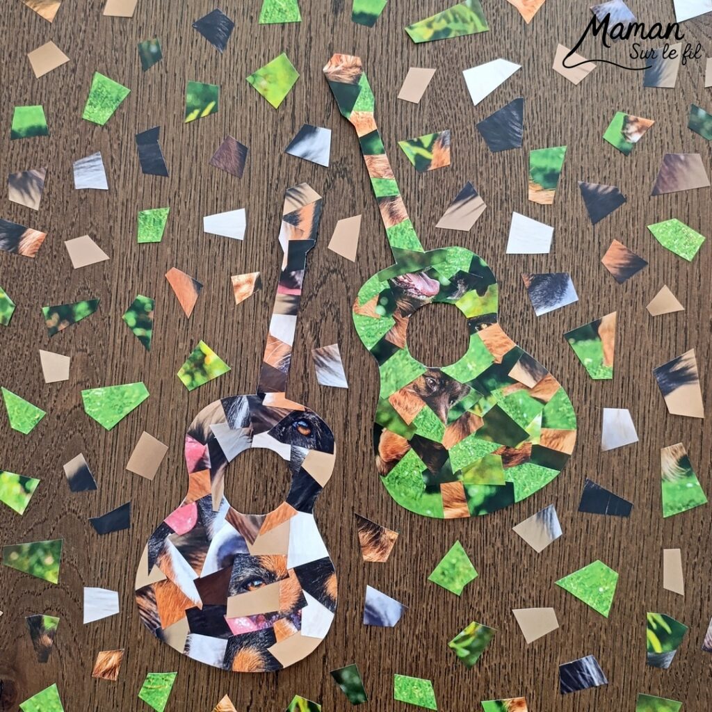 Créer des guitares en mosaïque de vieux calendriers : activité créative, récup' et manuelle enfants - Recyclage, surcyclage d'anciens calendriers, magazines ou prospectus publicitaires... - Découpage, collage pour effet mosaïque - Photos de chiens - Décoration DIY Fait maison - Arts visuels et Bricolage facile - Thème fête de la musique, instruments de musique, été - Bricolage et décoration sympa et facile - Arts visuels maternelle et élémentaire - Cycles 1 et 2 - Créativité - tutoriel photos - mslf