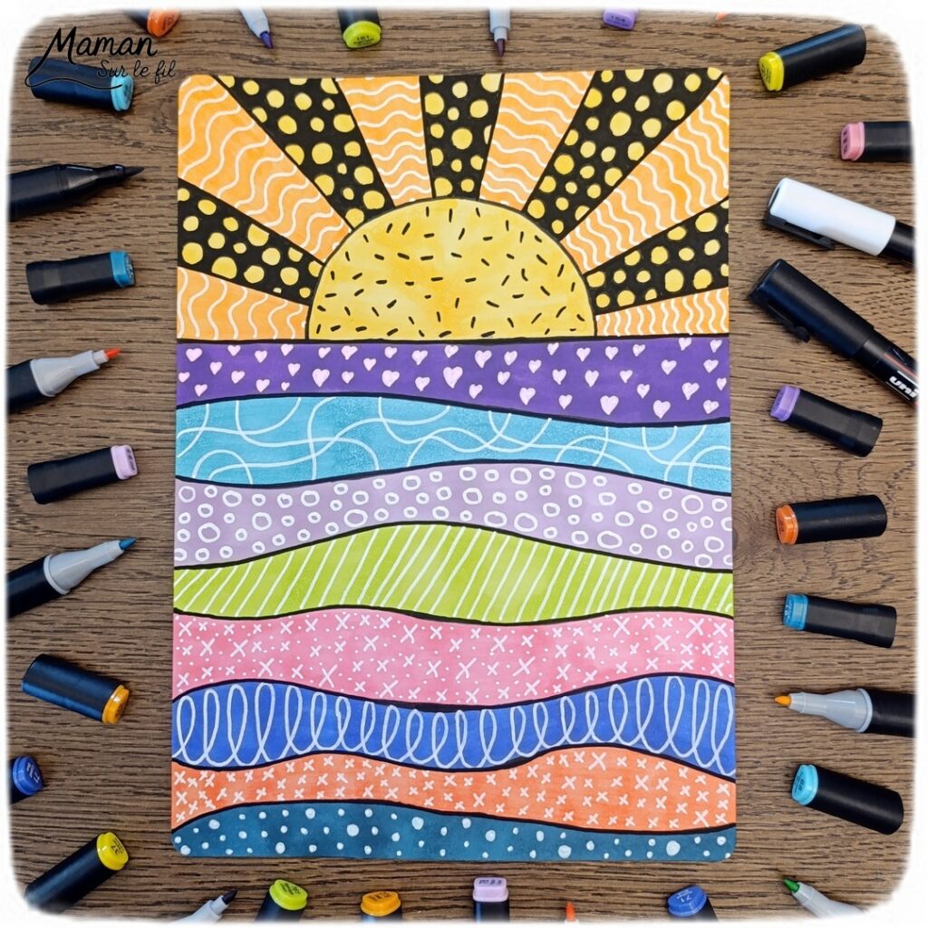 Dessiner un coucher de soleil tout en graphismes : activité créative, dessin et manuelle enfants - Zen art, art thérapie, graphismes, coloriage pour se détendre, se relaxer - Activité détente, gestion du stress - Décoration DIY Fait maison - Arts visuels et Bricolage facile - Thème vacances, plage, été, météo - Bricolage et décoration sympa et facile - Arts visuels maternelle et élémentaire, adultes - Cycles 1, 2, 3 et 4 - Créativité - tutoriel photos - mslf