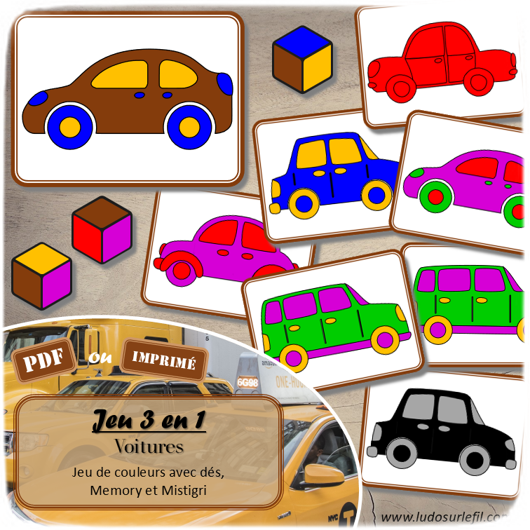 Jeu 3 en 1 Voitures - Jeu de dés autour des couleurs - Memory - Mistigri - Travail de la discrimination visuelle, de la rapidité, de l'observation et de la mémoire - Thème sur les véhicules terrestres - Atelier préscolaire et maternelle autonome - Thème Véhicules terrestres - Support pédagogique - Document PDF à télécharger et imprimer ou jeu imprimé - ludique - lslf