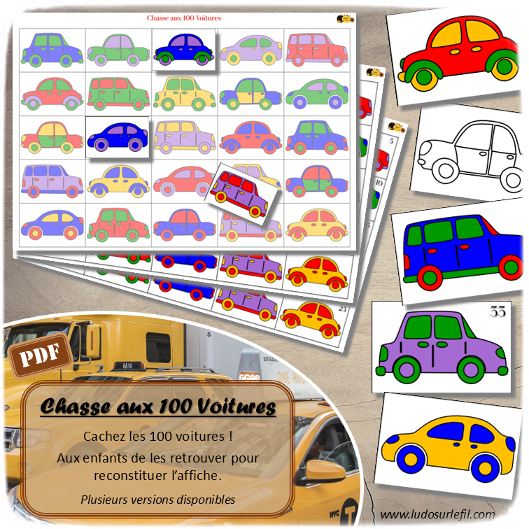 Chasse aux 100 voitures - Jeu à télécharger et à imprimer - Couleurs et noir et blanc à colorier - chasse géante intérieure - Véhicules terrestres, 4 roues - Moyens de transport - Observation, discrimination visuelle, patience - recherche - Version à colorier - Coloriage - lslf