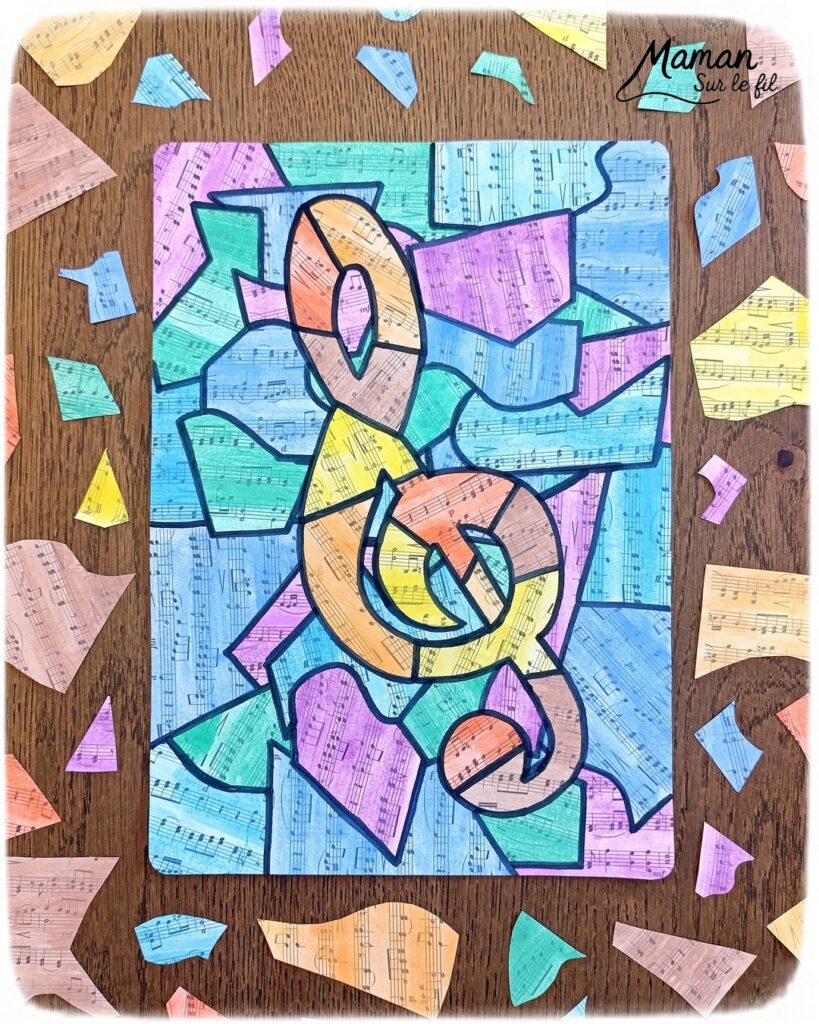 Créer une clé de sol avec des partitions colorées : activité créative, peinture et manuelle enfants - Peindre des partitions avec de la peinture type aquarelle - Travail autour des couleurs froides et chaudes - Découpage et collage - Dessins et contours en noir - Décoration DIY Fait maison - Arts visuels et Bricolage facile - Thème fête de la musique, instruments de musique, été - Bricolage et décoration sympa et facile - Arts visuels maternelle et élémentaire - Cycles 1 et 2 - Créativité - tutoriel photos - mslf