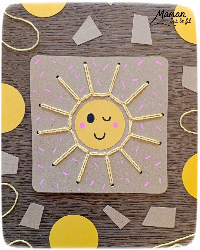 Créer un petit soleil mignon à broder : activité créative, récup' et manuelle enfants - Recyclage, surcyclage de carton - Trous, broderie avec fil ou laine - Dessin pour un visage mignon et kawai - Travail de la motricité fine et de la coordination Oeil-Main - Graphismes - Décoration DIY Fait maison - Arts visuels et Bricolage facile - Thème été, météo - Bricolage et décoration sympa et facile - Arts visuels maternelle et élémentaire - Cycles 1 et 2 - Créativité - tutoriel photos - mslf