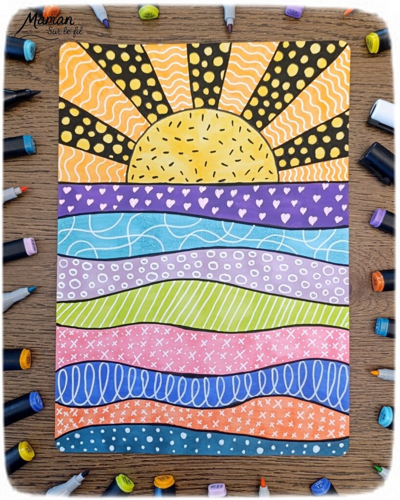 Dessiner un coucher de soleil tout en graphismes : activité créative, dessin et manuelle enfants - Zen art, art thérapie, graphismes, coloriage pour se détendre, se relaxer - Activité détente, gestion du stress - Décoration DIY Fait maison - Arts visuels et Bricolage facile - Thème vacances, plage, été, météo - Bricolage et décoration sympa et facile - Arts visuels maternelle et élémentaire, adultes - Cycles 1, 2, 3 et 4 - Créativité - tutoriel photos - mslf