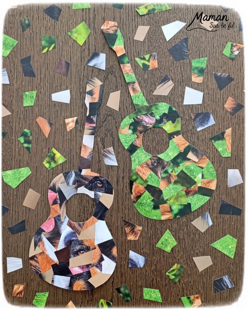 Créer des guitares en mosaïque de vieux calendriers : activité créative, récup' et manuelle enfants - Recyclage, surcyclage d'anciens calendriers, magazines ou prospectus publicitaires... - Découpage, collage pour effet mosaïque - Photos de chiens - Décoration DIY Fait maison - Arts visuels et Bricolage facile - Thème fête de la musique, instruments de musique, été - Bricolage et décoration sympa et facile - Arts visuels maternelle et élémentaire - Cycles 1 et 2 - Créativité - tutoriel photos - mslf