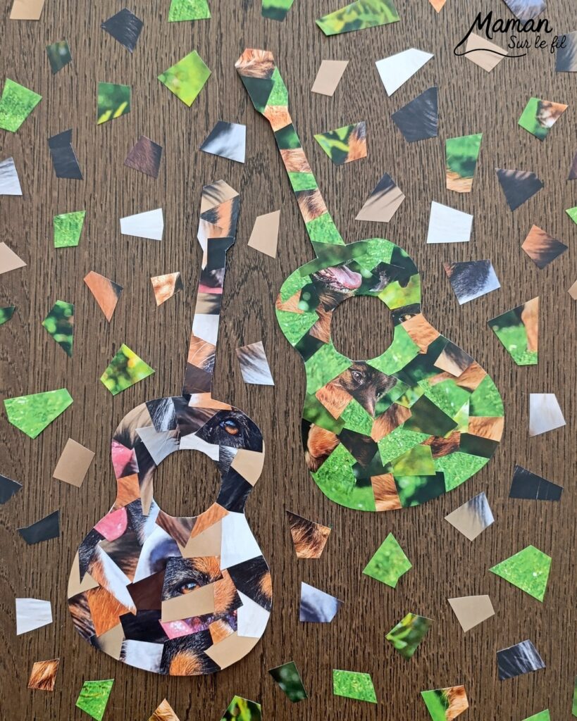 Créer des guitares en mosaïque de vieux calendriers : activité créative, récup' et manuelle enfants - Recyclage, surcyclage d'anciens calendriers, magazines ou prospectus publicitaires... - Découpage, collage pour effet mosaïque - Photos de chiens - Décoration DIY Fait maison - Arts visuels et Bricolage facile - Thème fête de la musique, instruments de musique, été - Bricolage et décoration sympa et facile - Arts visuels maternelle et élémentaire - Cycles 1 et 2 - Créativité - tutoriel photos - mslf