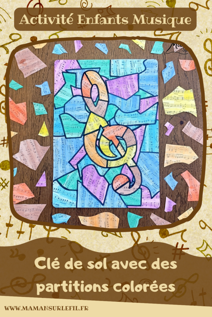 Créer une clé de sol avec des partitions colorées : activité créative, peinture et manuelle enfants - Peindre des partitions avec de la peinture type aquarelle - Travail autour des couleurs froides et chaudes - Découpage et collage - Dessins et contours en noir - Décoration DIY Fait maison - Arts visuels et Bricolage facile - Thème fête de la musique, instruments de musique, été - Bricolage et décoration sympa et facile - Arts visuels maternelle et élémentaire - Cycles 1 et 2 - Créativité - tutoriel photos - mslf